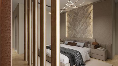 Free A stylish and cozy bedroom featuring modern design elements and soft ambient lighting. Stock Photo