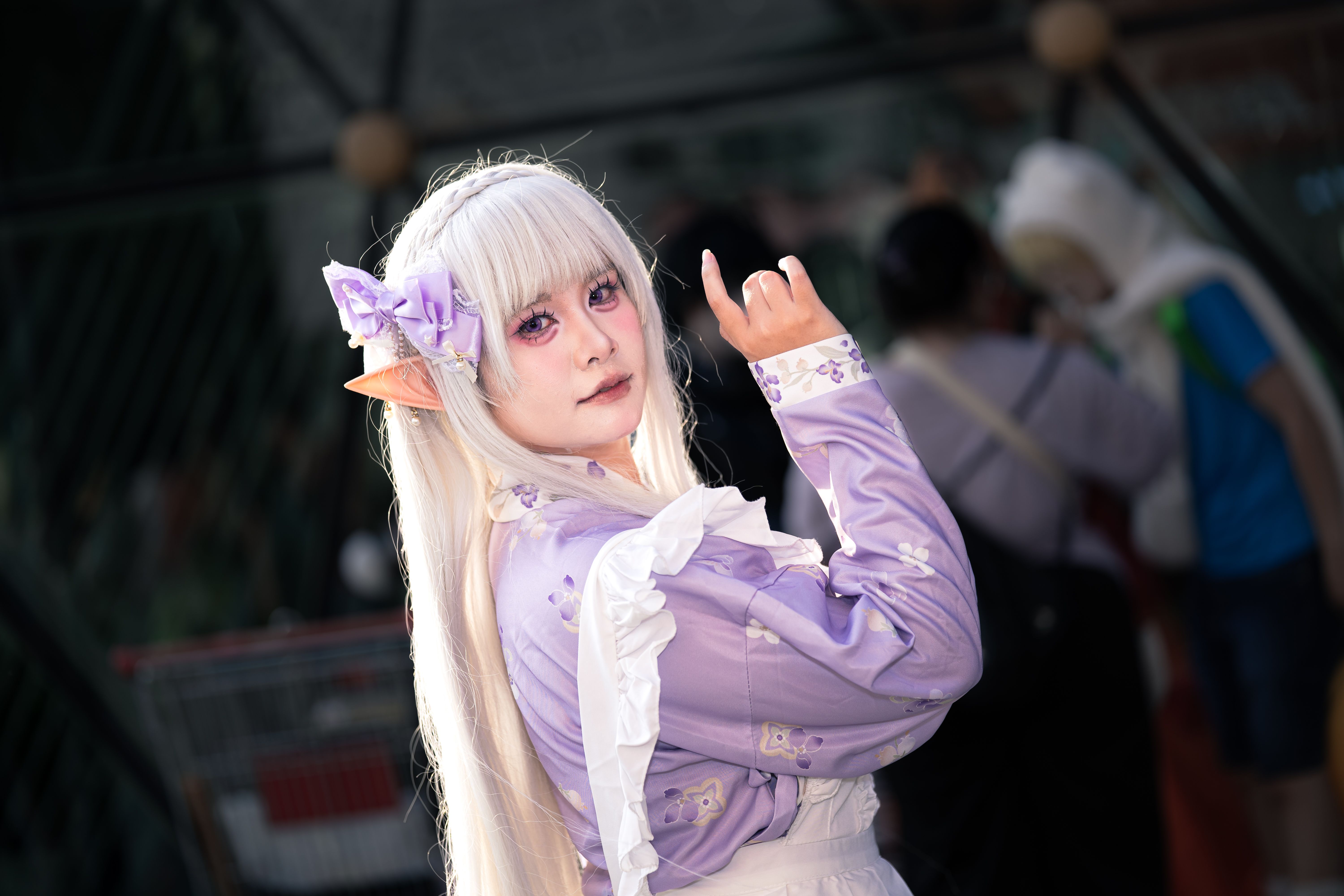 Colorful cosplay of a fantasy elf character with long white hair and purple attire.