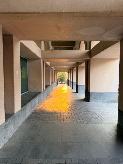 Free A sunlit corridor with shadows and geometric architectural elements creating a warm, inviting atmosphere. Stock Photo