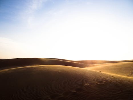 A breathtaking view of golden sand dunes under the bright sunrise in an arid desert landscape.