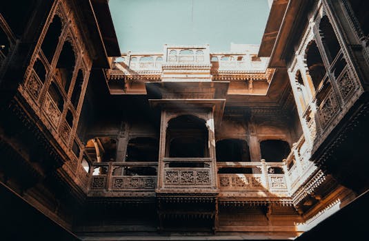 A breathtaking view of intricate Rajasthani architecture bathed in daylight.