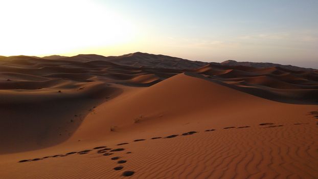 Beautiful view of sand dunes in the Sahara Desert during sunset with footprints visible.