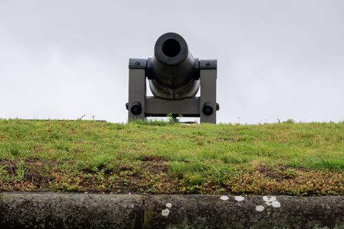 Free Cannon at Fort Macon with grassy foreground and cloudy sky in Atlantic Beach, NC. Stock Photo