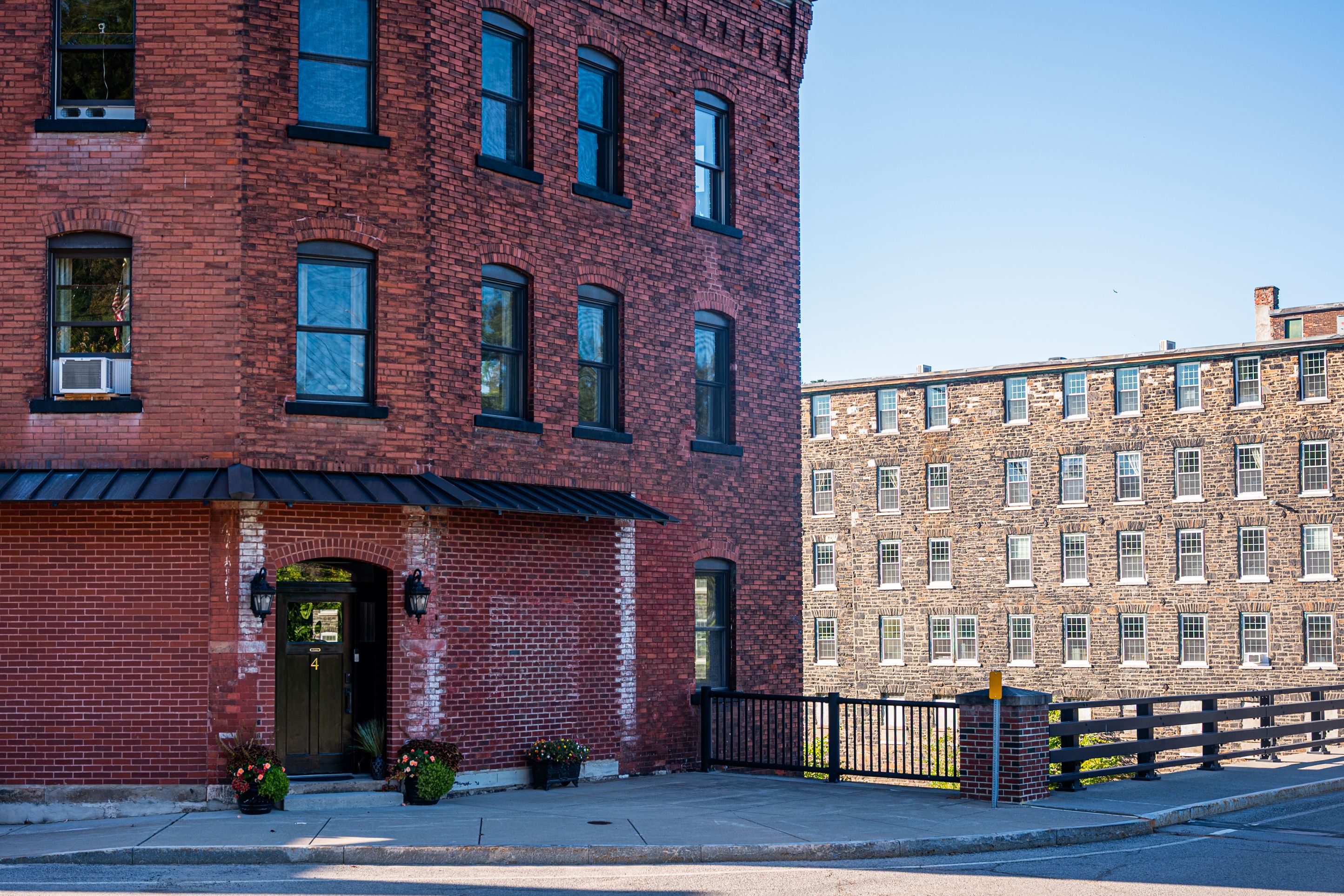 Red-brick buildings lining a city street
