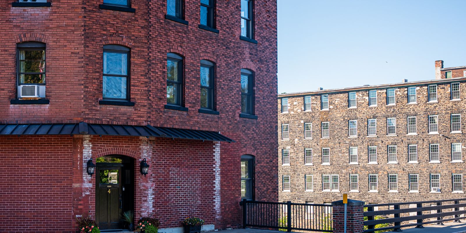 Red-brick buildings lining a city street