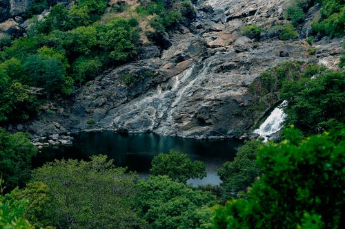 Free Serene waterfall cascading into a forest pool surrounded by lush greenery. Stock Photo