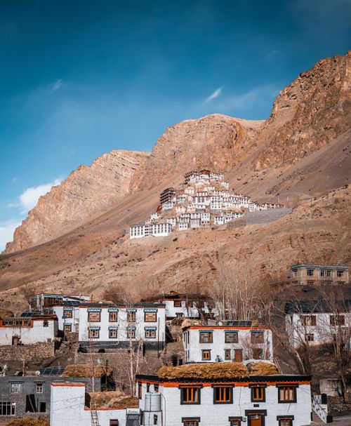 Free Stunning view of Key Monastery amidst arid Spiti Valley landscapes under a clear blue sky. Stock Photo