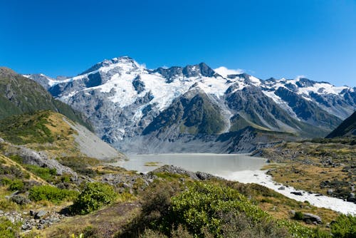 Snowy mountains and lake on sunny day