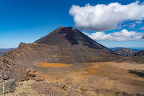 Picturesque scenery of white clouds floating in blue sky over volcanic Mount Tongariro located in New Zealand