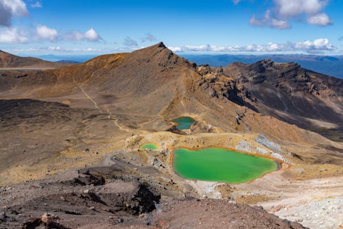 From above of spectacular Emerald Lake surrounded by rocky volcanic mountains in Tongariro National Park in New Zealand