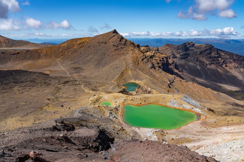From above of spectacular Emerald Lake surrounded by rocky volcanic mountains in Tongariro National Park in New Zealand