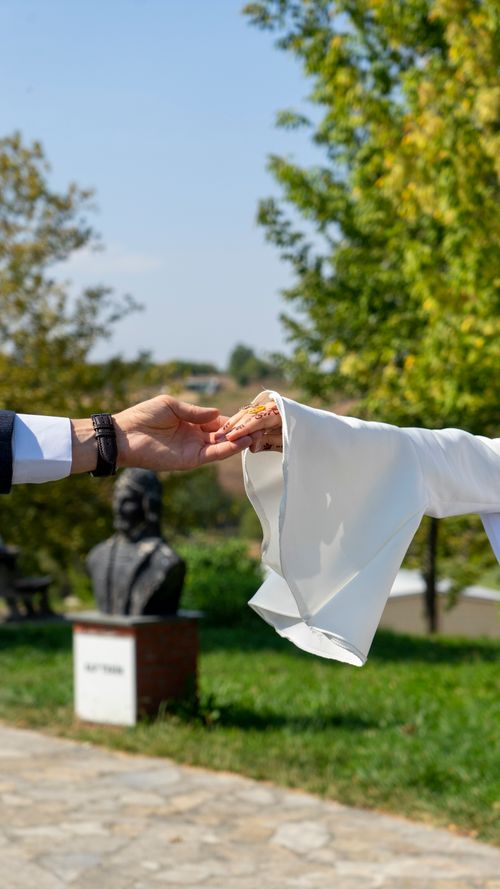 Free Two people exchange a greeting with an elegant handshake in a sunny park, symbolizing partnership. Stock Photo