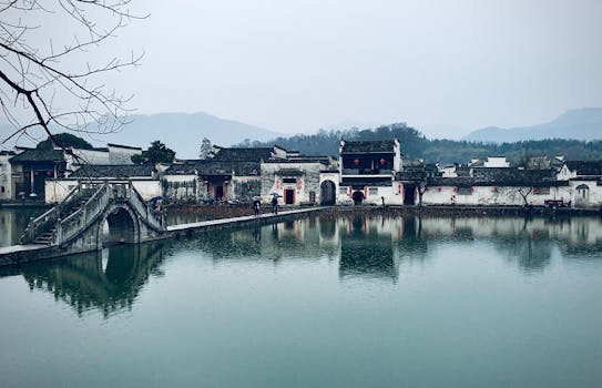Picturesque reflection of traditional Hongcun village architecture by the lake.