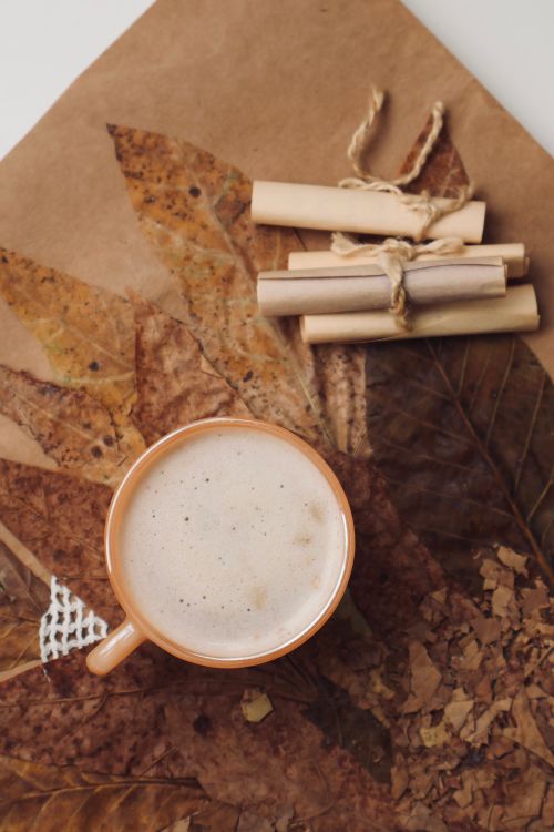 Free A cozy autumn scene with a latte, cinnamon sticks, and dried leaves. Stock Photo