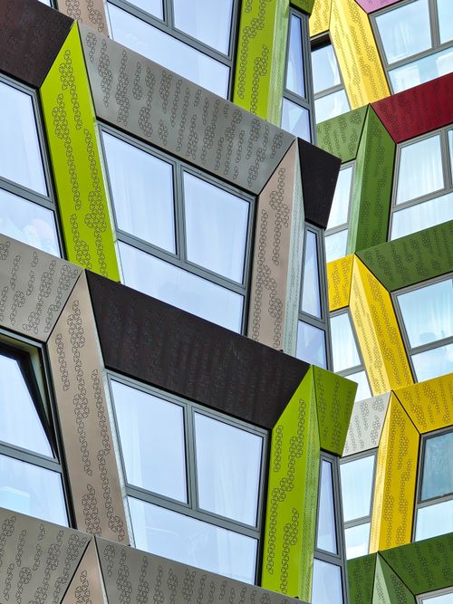 Free Vibrant architectural facade with bold colors in Utrecht, Netherlands. Stock Photo