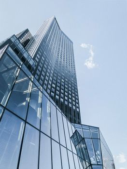 Tall modern glass skyscraper in Rotterdam, showcasing contemporary architecture against a clear sky.
