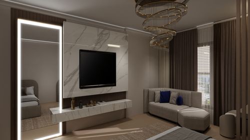 Free Elegant living room with marble TV wall, plush seating, and modern lighting. Stock Photo