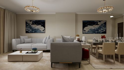 Free Modern living room with chic decor and sophisticated dining area. Stock Photo