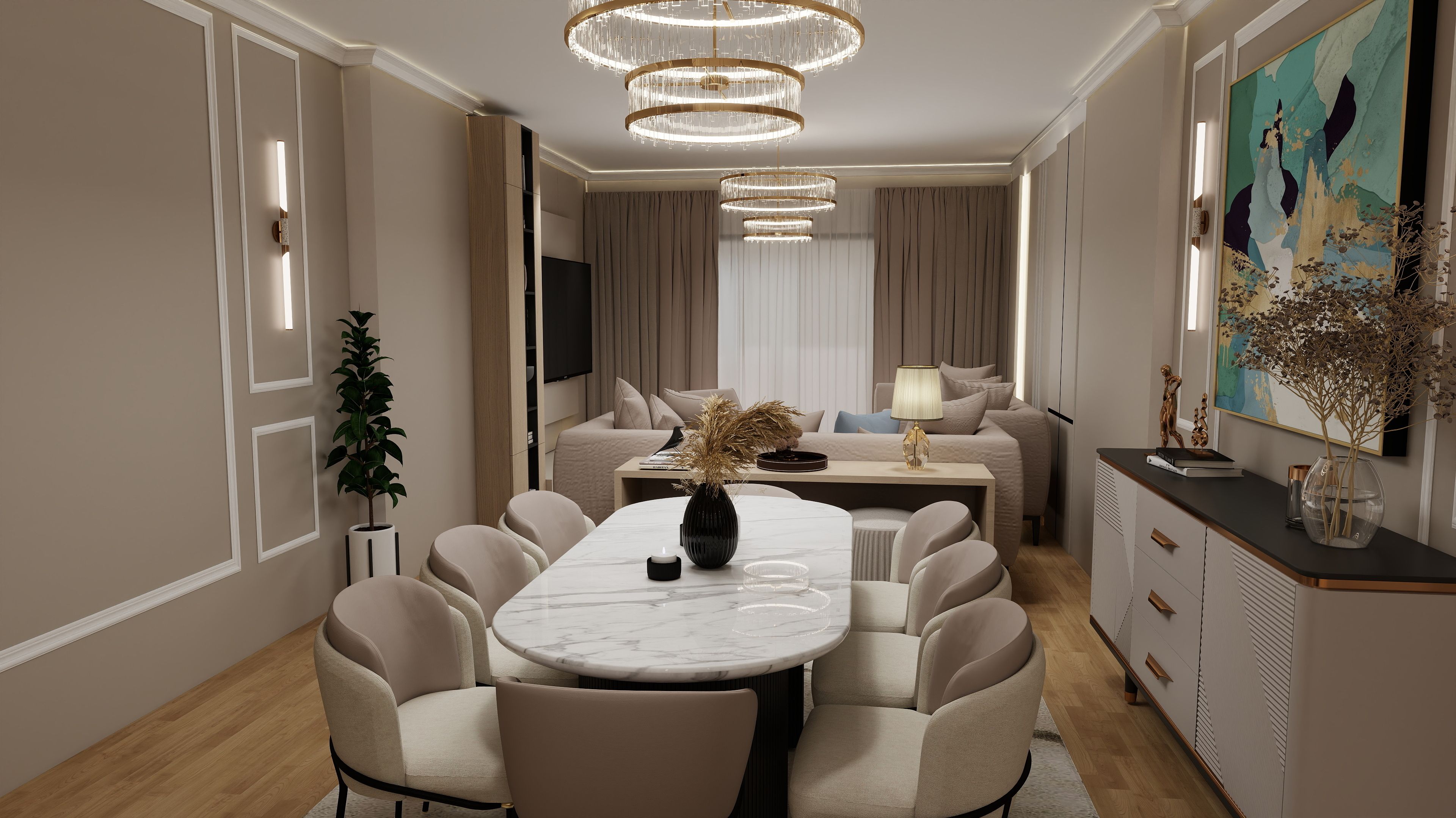 Stylish modern apartment featuring a chic dining and living area with elegant decor.