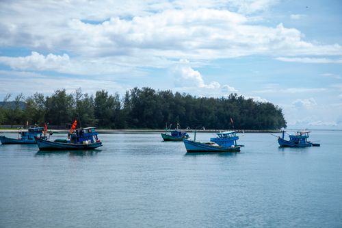 Free Colorful fishing boats anchored in a serene sea, surrounded by lush greenery, under a partly cloudy sky. Stock Photo