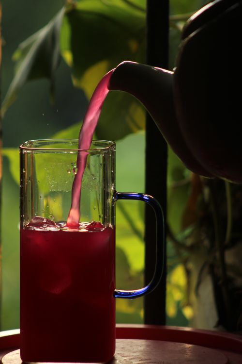 Free Vibrant red beverage being poured into a glass with lush green background. Stock Photo