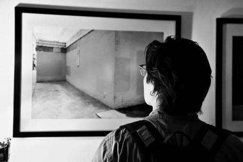 Free Person observes black-and-white photo in art gallery, reflecting on urban scene. Stock Photo