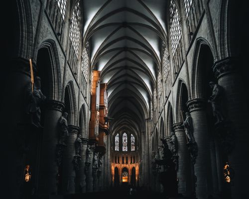 Free Interior view of the stunning Gothic architecture inside Brussels Cathedral, Belgium. Stock Photo