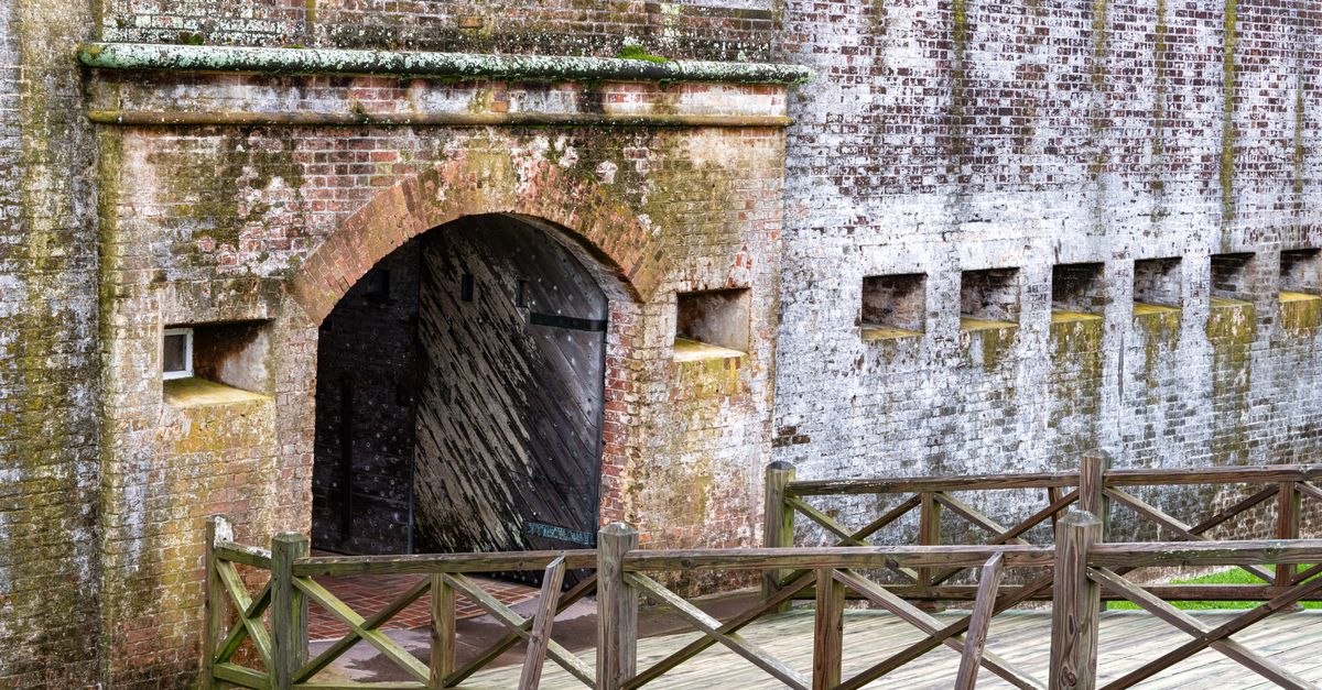 Entrance view of Fort Macon in Atlantic Beach, showcasing historic architecture.