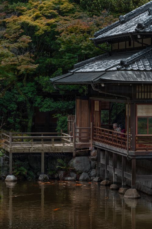 Free Serene Japanese teahouse by a pond with lush greenery and koi fish, perfect for a tranquil escape. Stock Photo
