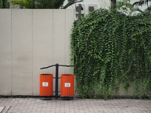 Free Orange trash bins next to a lush green foliage wall outdoors, offering a contrast of colors and an urban feel. Stock Photo