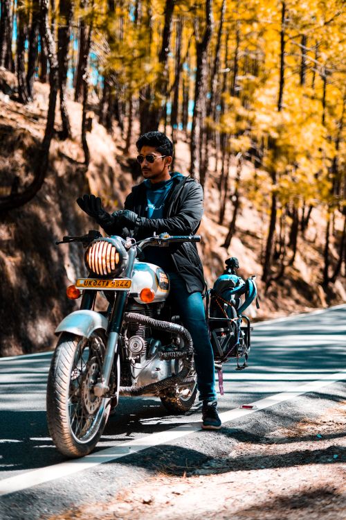 Free Man riding a motorcycle through a picturesque forest road in India. Stock Photo
