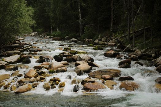 A tranquil river flowing through a rocky forest landscape in Ridder, Kazakhstan.