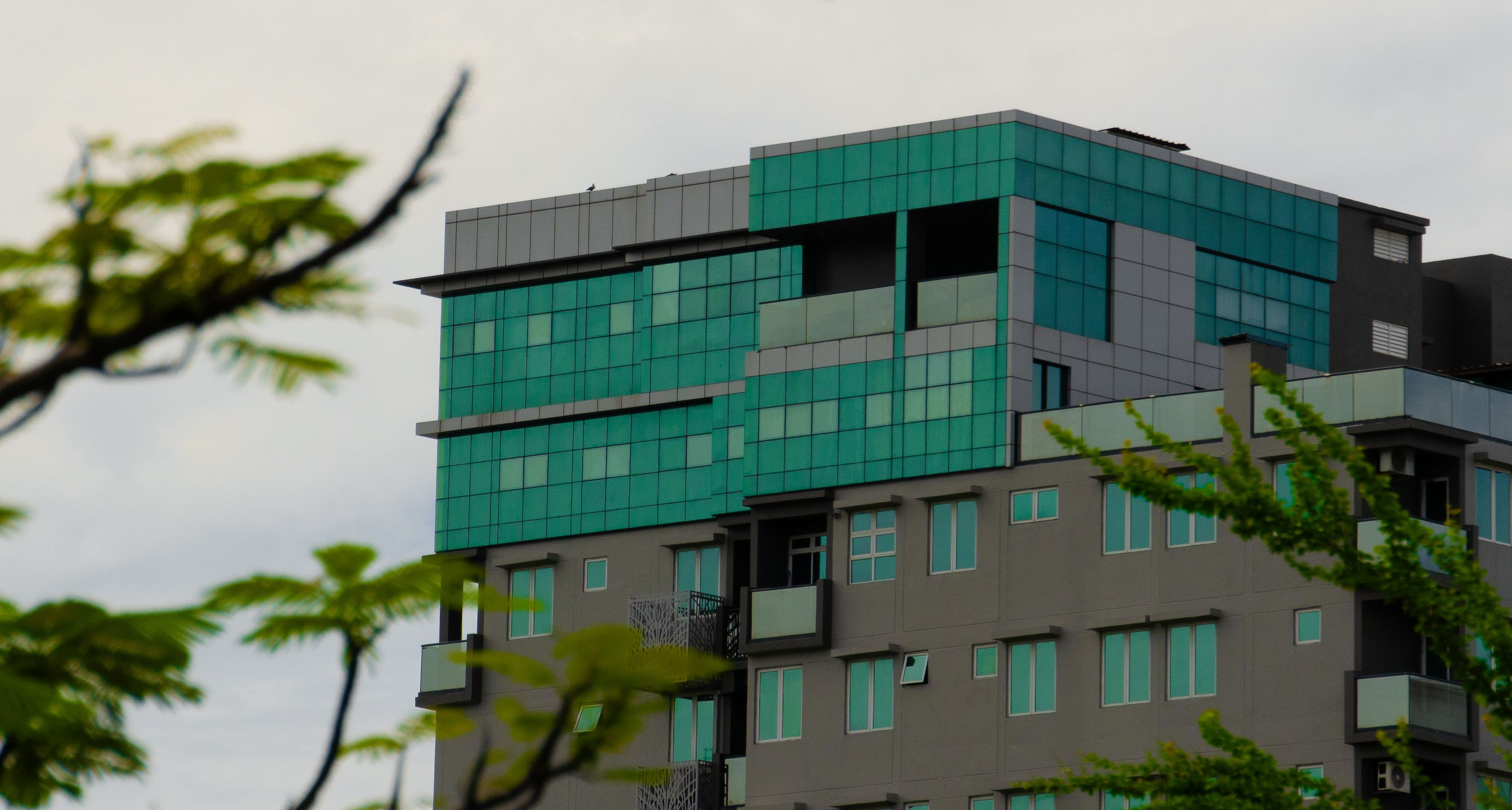 Contemporary building with green glass facade in the Maldives captured during daylight.