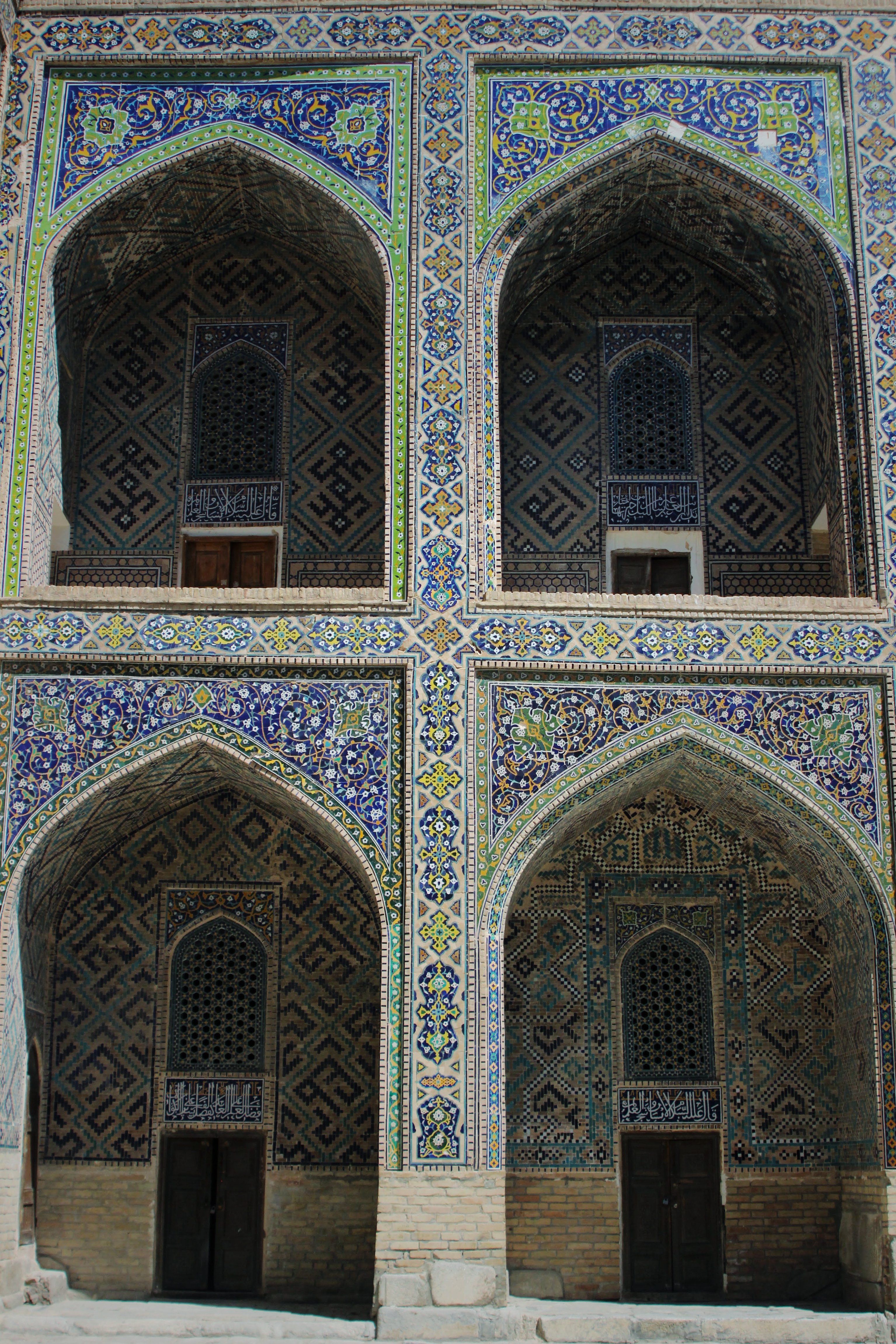 Beautifully detailed facade of a historic mosque in Samarkand, Uzbekistan.