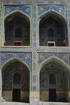 Beautifully detailed facade of a historic mosque in Samarkand, Uzbekistan.