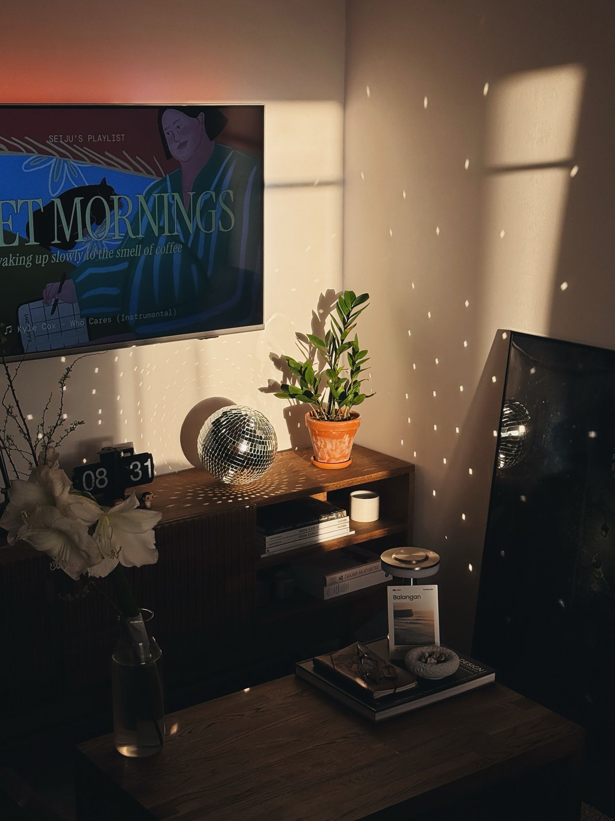 Warm morning light illuminates a stylish living room with a disco ball and plants.