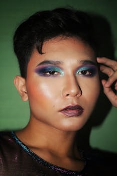 优雅的特写肖像展示了一位成年人充满活力的大胆眼妆