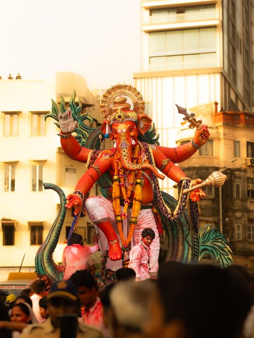 Free A majestic Ganesh statue paraded during a lively Ganesh Chaturthi festival in Mumbai, India. Stock Photo