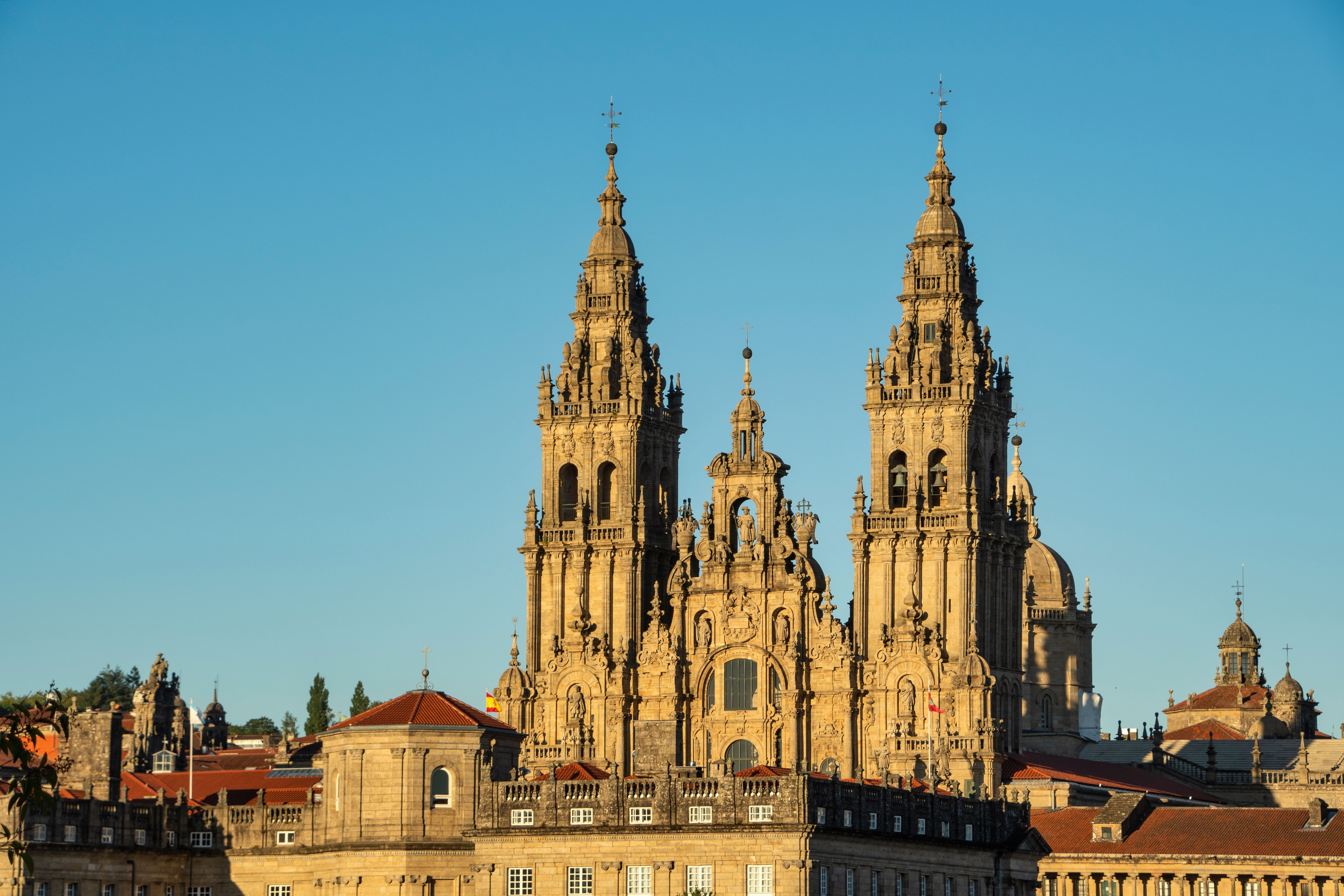 Beautiful daytime view of the Cathedral of Santiago de Compostela in Spain, an iconic historical landmark.