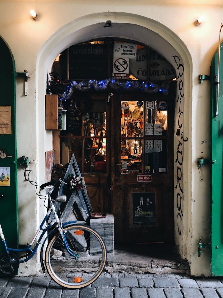 Bicycle Parked Outside A Store