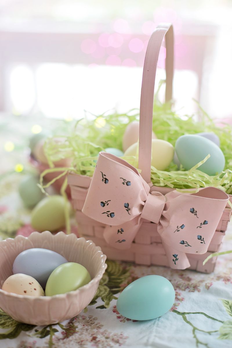 Decorated Easter eggs arranged in a basket