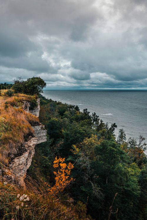 Free Dramatic autumn landscape of coastal cliffs and ocean under cloudy skies. Stock Photo