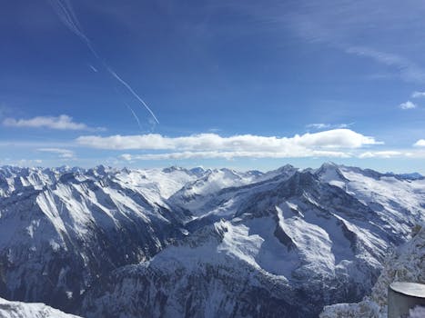 Stunning panoramic view of snow-capped mountains in Tirol, Austria, showcasing winter's chill beauty.