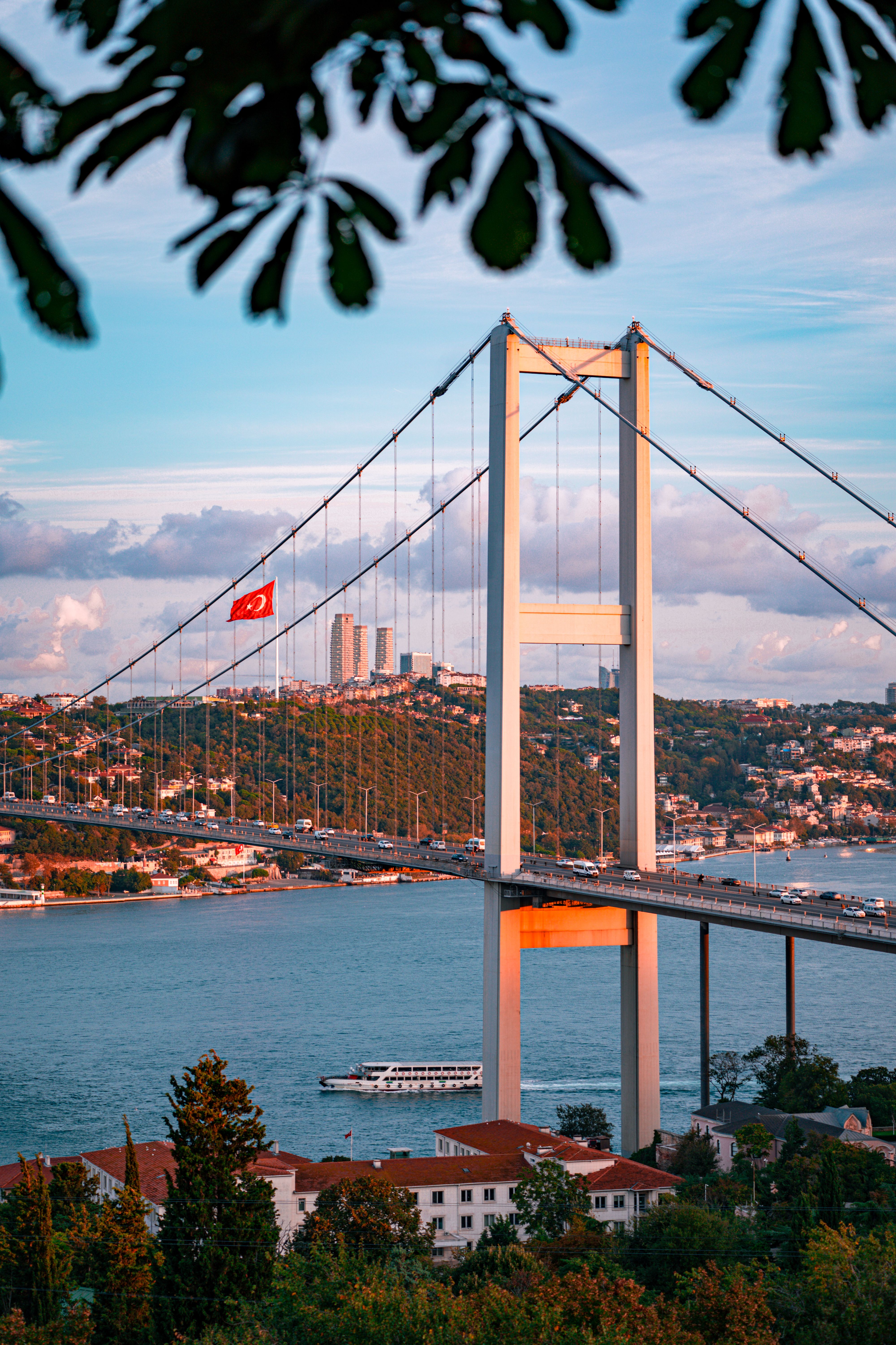 Scenic view of the Bosphorus Bridge in Istanbul with a colorful sunset backdrop.