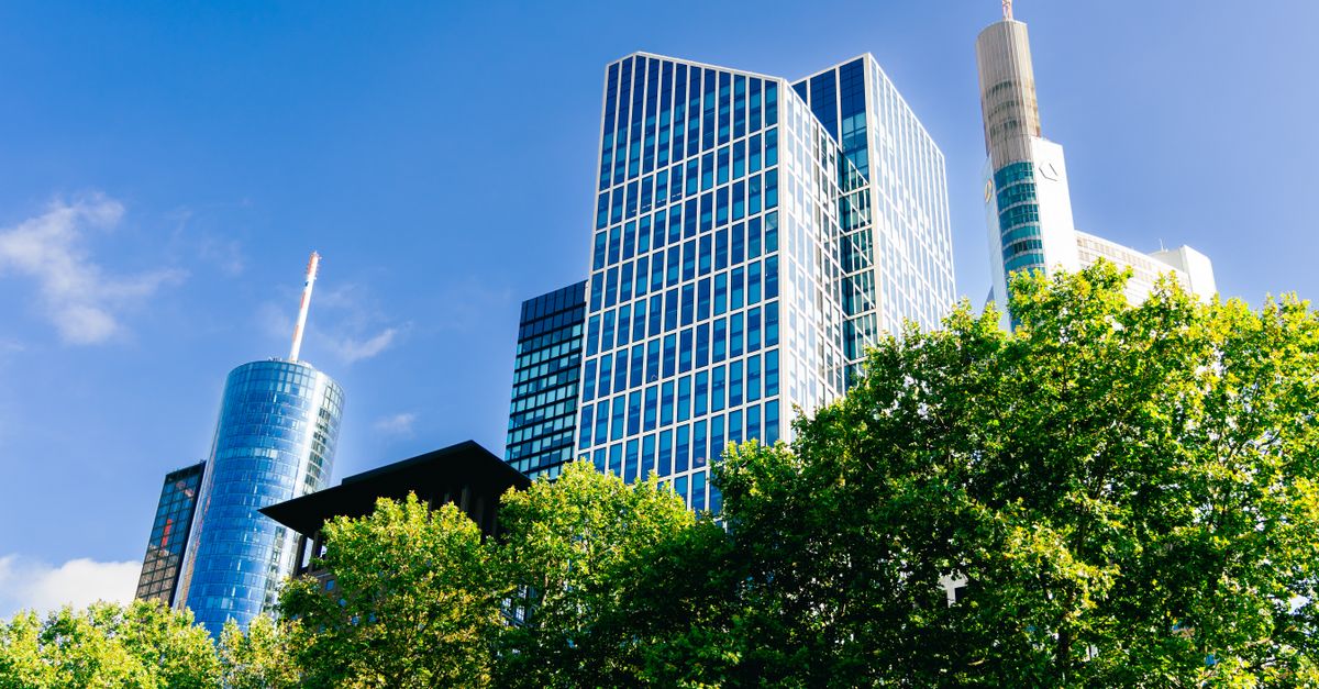 View of modern skyscrapers in Frankfurt am Main framed by green trees against a blue sky.