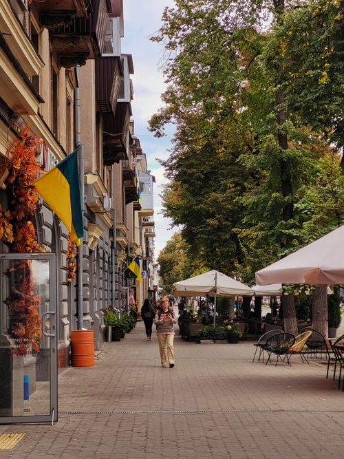 Free Autumn city street scene with trees, flags, and outdoor cafe seating. Stock Photo
