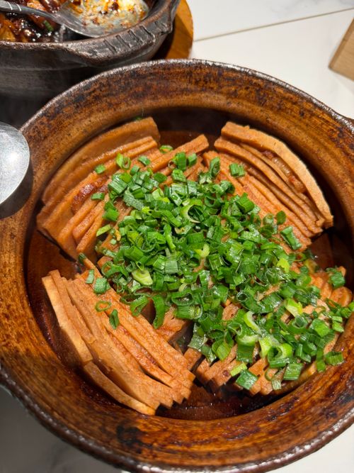 Free Delicious claypot tofu topped with fresh green onions, captured in a Malaysian restaurant. Stock Photo
