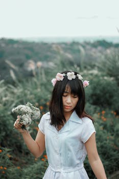 一位头戴花冠的女子，宁静地站在自然绿植中的肖像