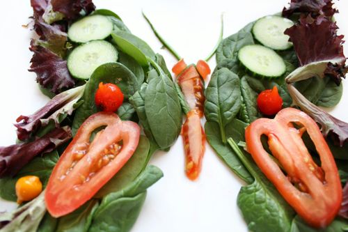 Free Creative butterfly-shaped salad with spinach, tomatoes, and cucumbers. Stock Photo