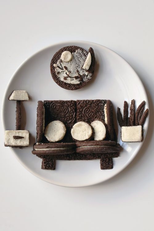Free Artistic arrangement of cookies resembling a living room on a white plate. Stock Photo